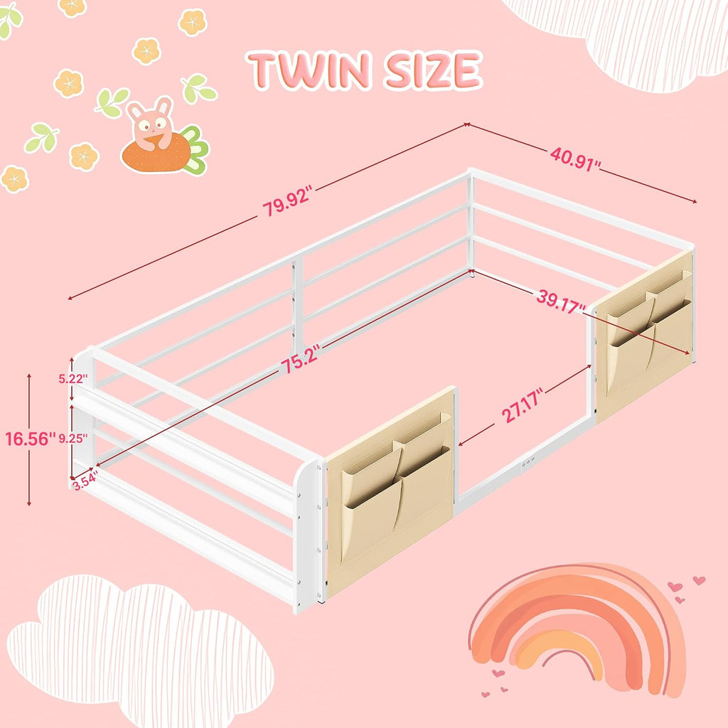Montessori Floor Bed for Kids with 2-Tier Bookcase and Caddy