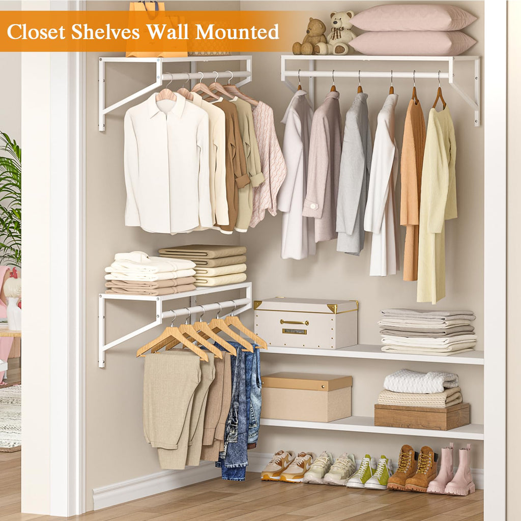 4 Pack Closet Shelves Wall Mounted, 2.7 ft x 11.8in Wire Closet Shelf with Hanging Rod, White Metal Clothes