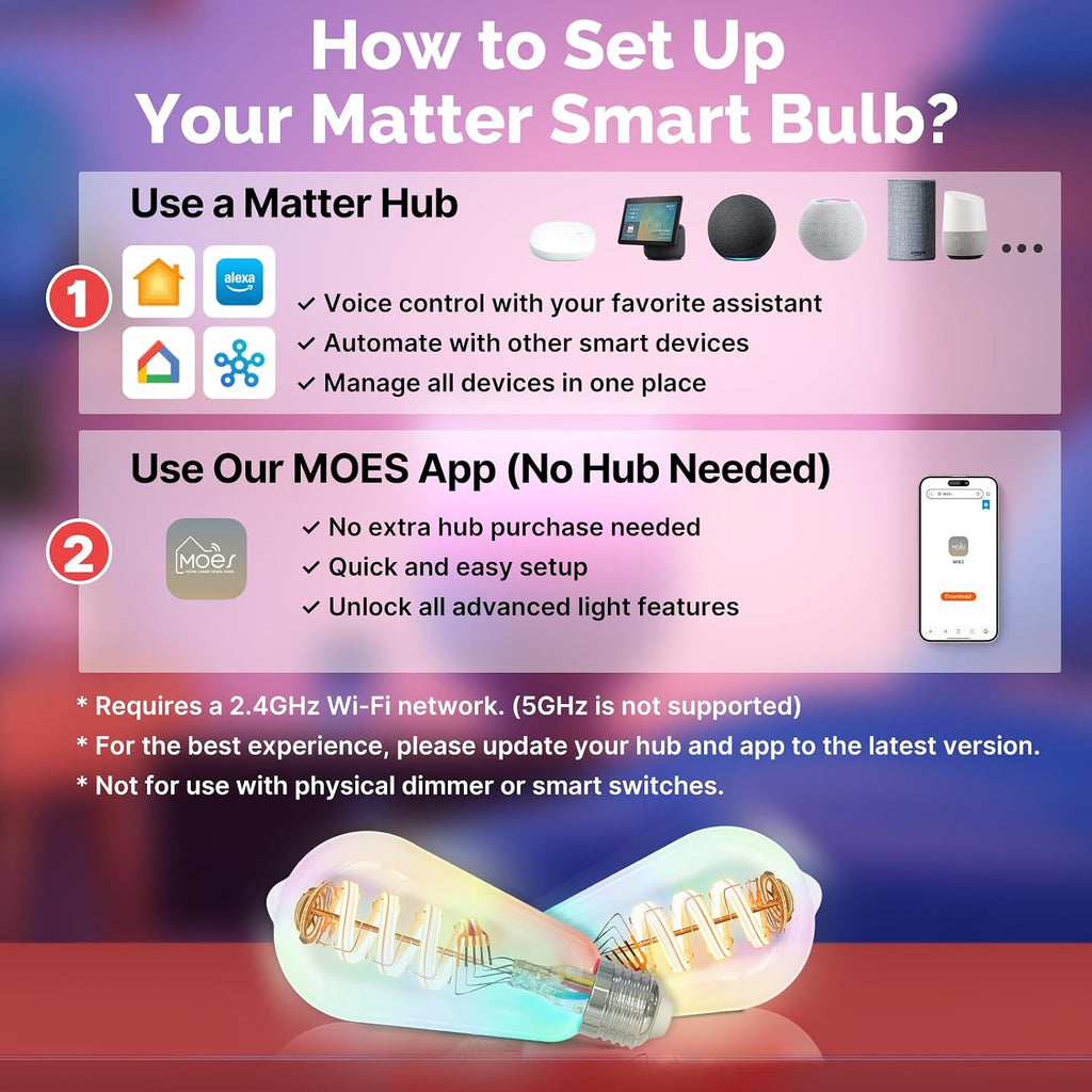 Matter WiFi ST64 Edison Smart Bulbs, Color Changing Light Bulb, 16 Million RGB Colors & Tunable White, Works with