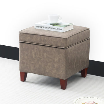 17.5" Square Storage Ottoman, Faux Leather Flip Top Footstool & Coffee Table, Upholstered Foot Rest with Wood Legs