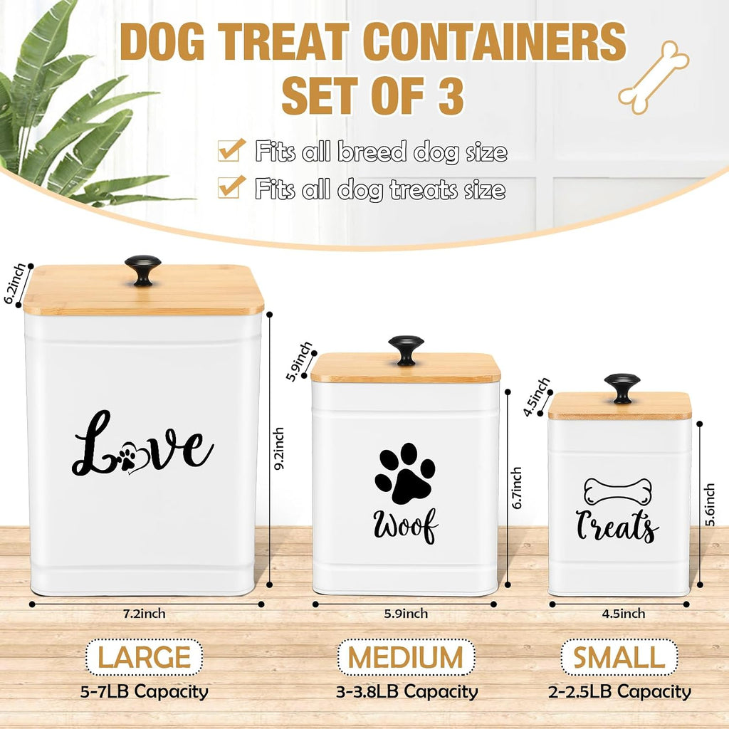 Metal Dog Treat Containers Set of 3 with Bamboo Lids and Spoon Airtight 7+3+2 lbs Dog Food Snack Jars with DIY Labels
