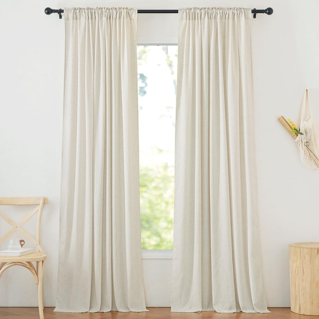 Natural Linen 144 inch Long Curtains, Rod Pocket & Back Tab Thick Flax Privacy Semi Sheer Window Treatments with