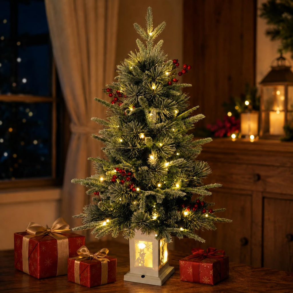 3ft Pre-Lit Holiday Christmas Tree, Artificial Christmas Tree with Timer Function and Led Lights, Snowman and Red