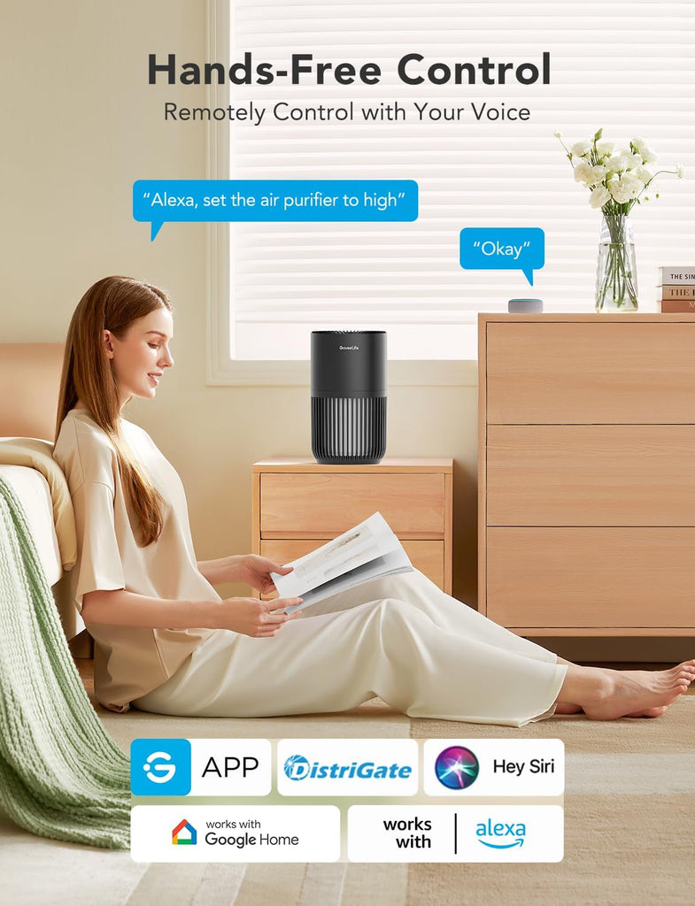 Mini Air Purifier for Bedroom, Smart Filter Air Purifier with App Alexa Control for Pet Hair, Odors,