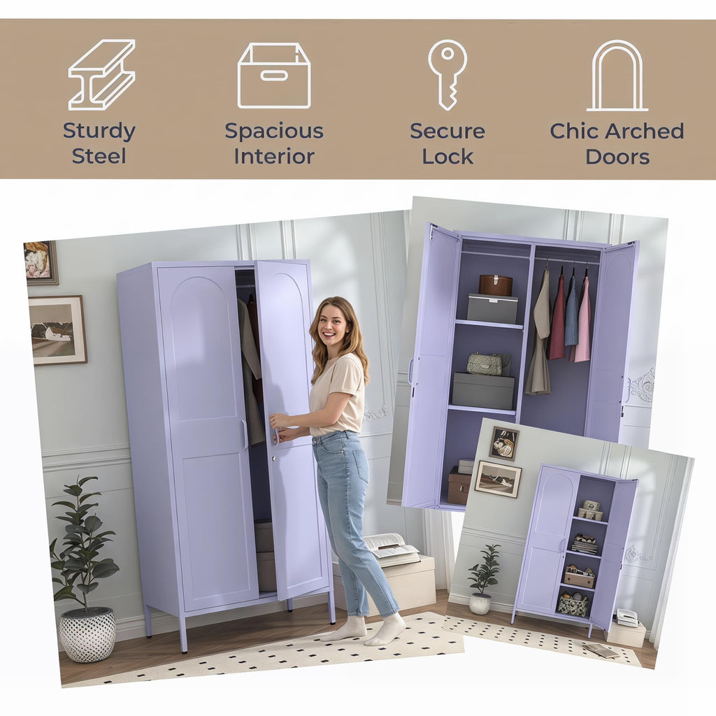 Lockable Closet Metal Wardrobe 67" Purple 2 Door Wardrobe Bedroom Storage Cabinet Adjustable shelf Multi functional