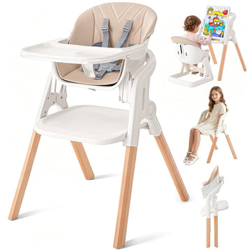 Foldable Baby High Chair, 4-in-1 Convertible Wooden Baby Highchairs (Beige) | Easel & Stool, Feeding Chair for Babies