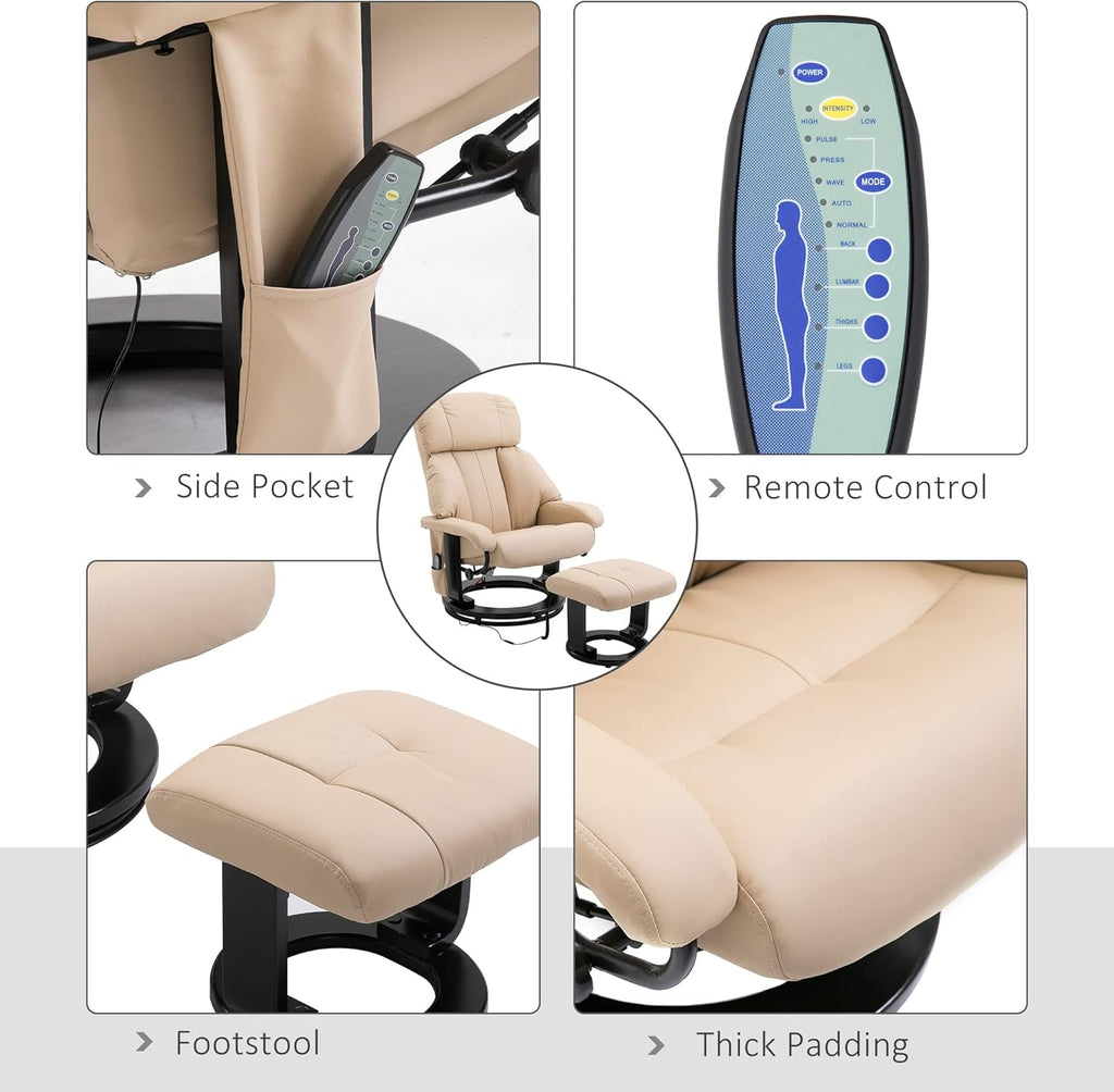 Modern Reclining Swivel Lounge Chair and Ottoman — Beige PU Leather