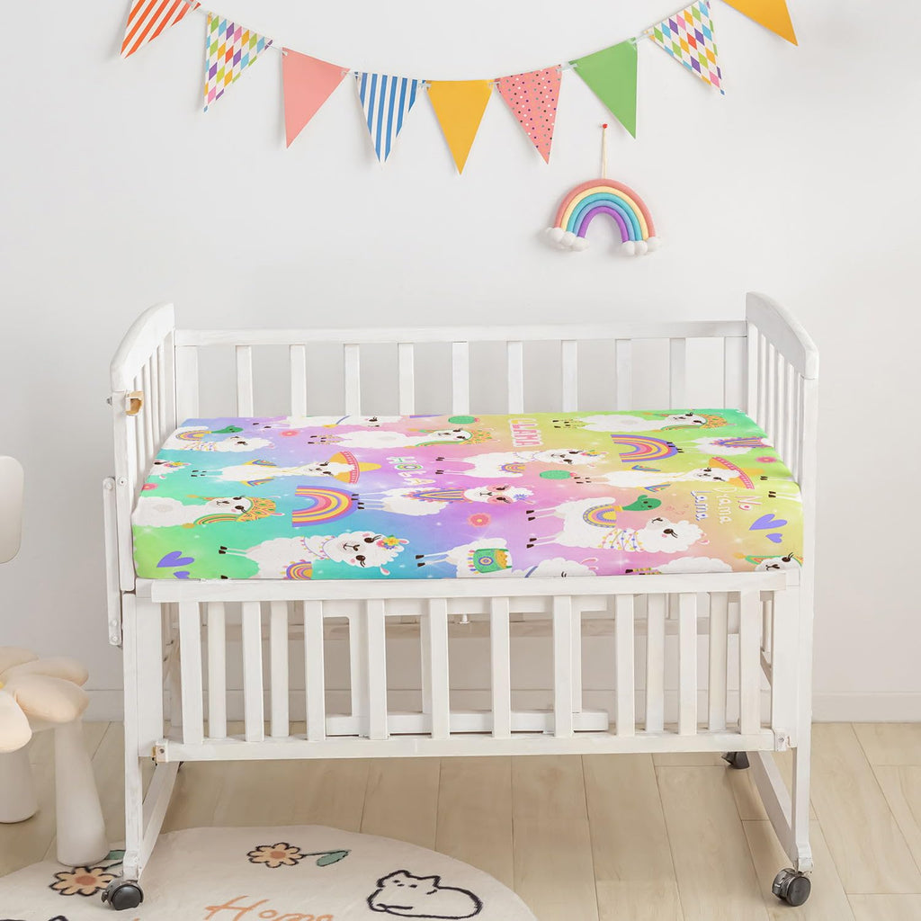 Rainbow Alpaca Printed Nursery Crib Bedding Set, 3pcs with Comforter, Crib Sheet & Crib Skirt for Baby Boys and Girls