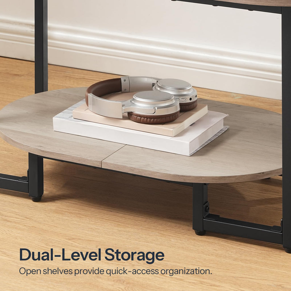 Coffee Table, Oval Small Coffee Table with 2-Tier Open Storage Shelf, Industrial Cocktail Tea Table, Wooden Desktop