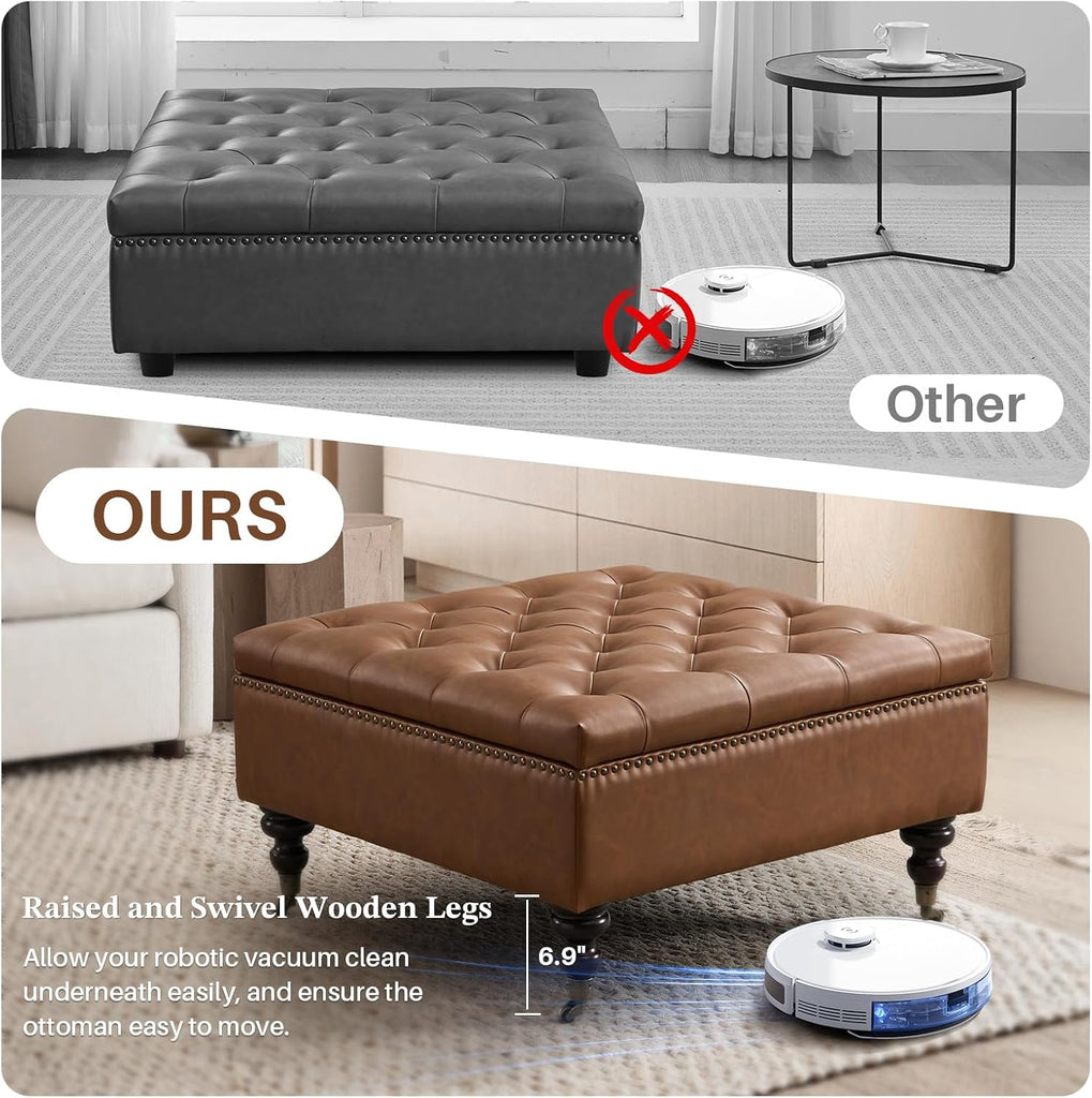 Square Ottoman Coffee Table, Large Leather Ottoman with Storage | Oversized Footstool, Wood Caster Wheels, Brass