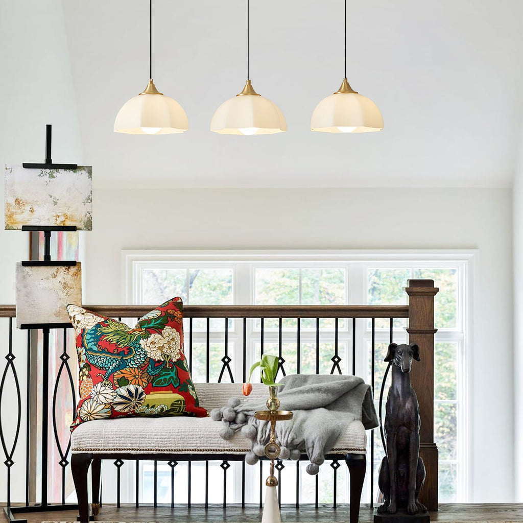 Modern 3 Light Pendant Lighting Gold Linear Dining Room Light Fixture Milk Glass Linear Chandelier Brass and White