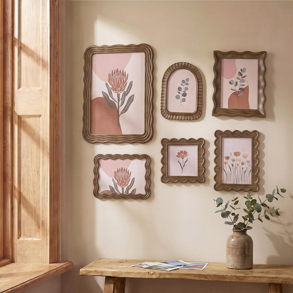6 Pcs Antique Picture Frames, Scalloped Wavy Edges,Wood,Retro | Vintage Wooden Photo Frame Set, Mixed Sizes, for