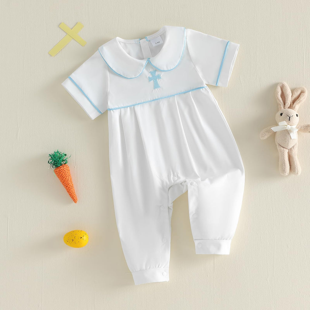 Newborn Baby Boy Baptism Outfit Bubble Romper Peter Pan Bodysuit Cross Jumpsuit Infant Church Outfit (White