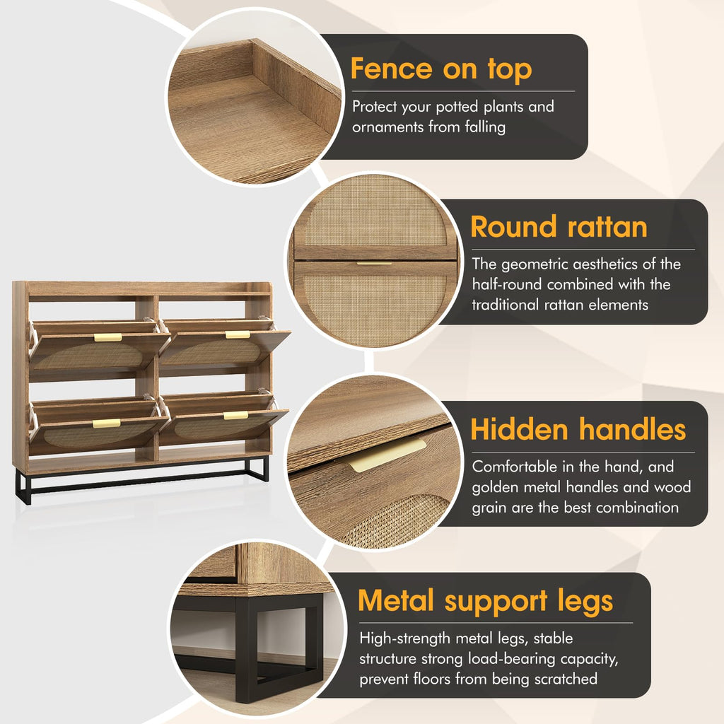 Large Rattan Shoe Storage Cabinet with 4 Flip Drawers, Freestanding Shoe Organizer with Metal Legs, Hidden Golden