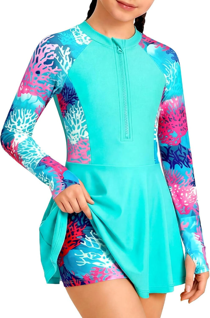 Girls Long Sleeve Swimsuit Two Piece Rash Guard Dress with Swim Shorts Front Zip for Kids Tween Teens UPF 50+
