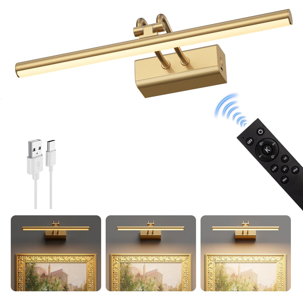 Picture Light for Wall, Gold, RF Remote, USB Charging
