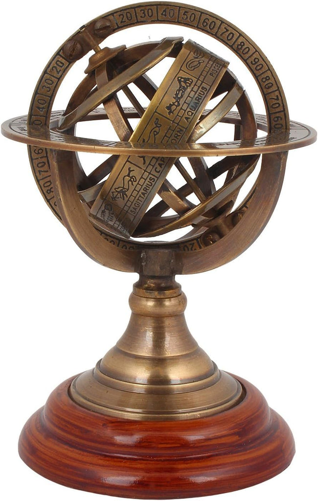 Antique 5" Armillary Astrolabe Sphere Showpiece Made from Brass and Wooden Base Rustic Vintage Home Decor Gifts