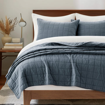 100% Cotton Box Stitch Quilt Set, Midnight Blue