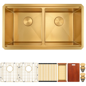 Gold Kitchen Sink, 32 Inch Undermount Double Bowl Sink