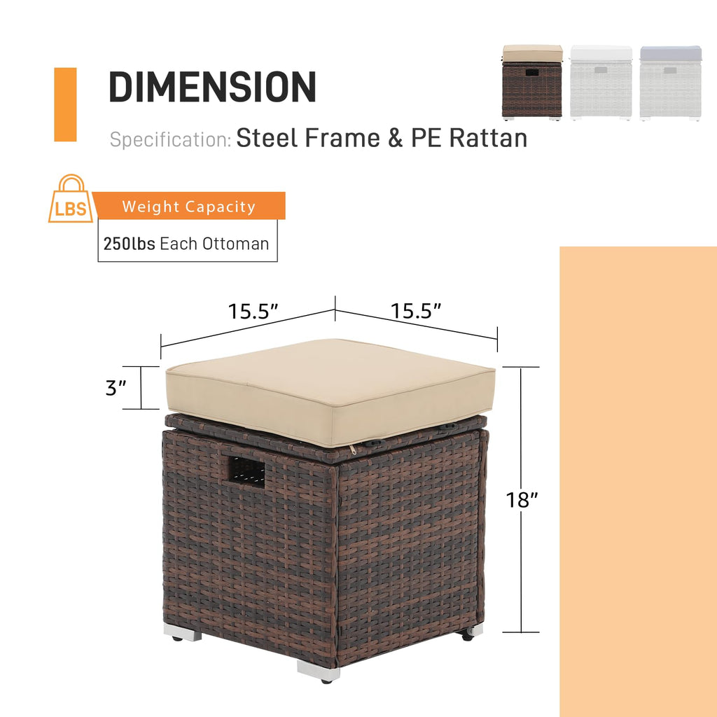 2 Piece Outdoor Patio Ottoman with Storage, Wicker, Beige