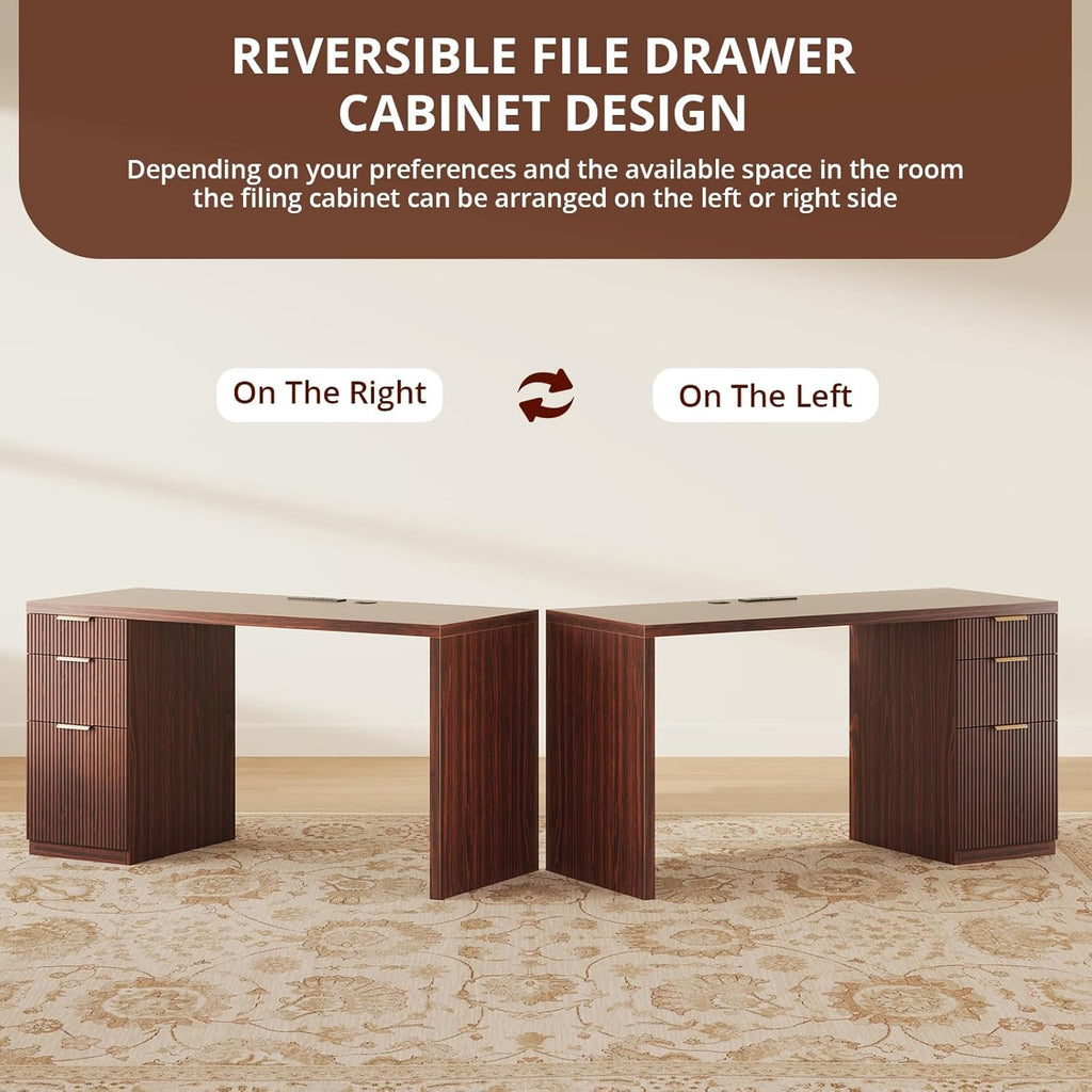 58" Modern Executive Desk with Storage, Home Office Desk with Drawer & Cabinet, Wooden Fluted Desk for Study