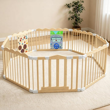 Wooden Baby Playpen with Toy 69x69In Foldable Toddler Fence with Safe Lock