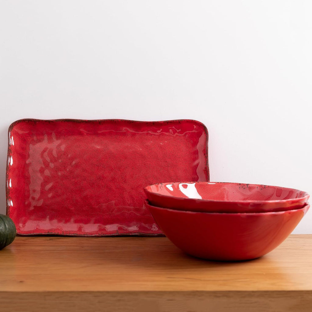 Rustic Crackle Melamine Serving Bowls, 130 OZ and 12 inches Waved Rim Salad Bowl,Unbreakable Pasta Bowls and Mixing