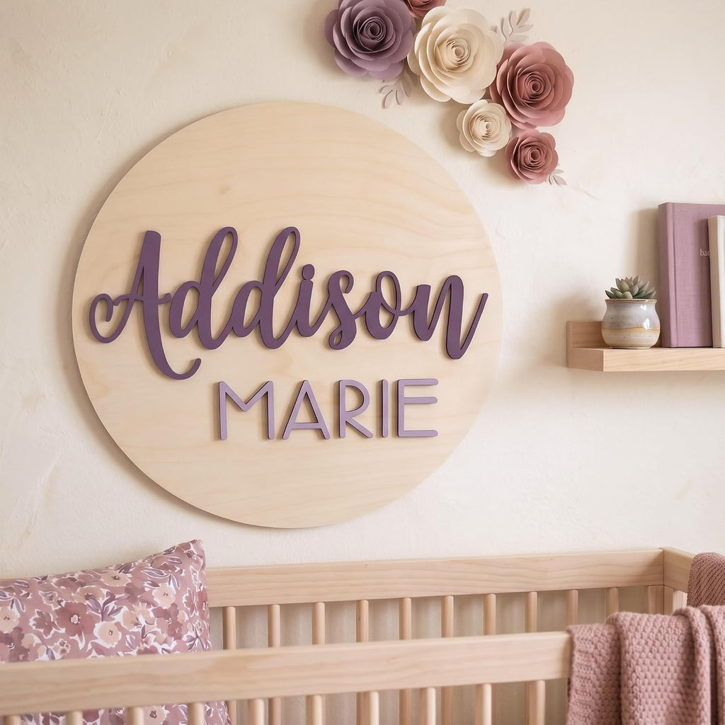 Personalized Round Nursery Name Sign, Custom 3D Wooden Name Announcement Sign, Wood Name Sign Plaque, 3D Wall Art