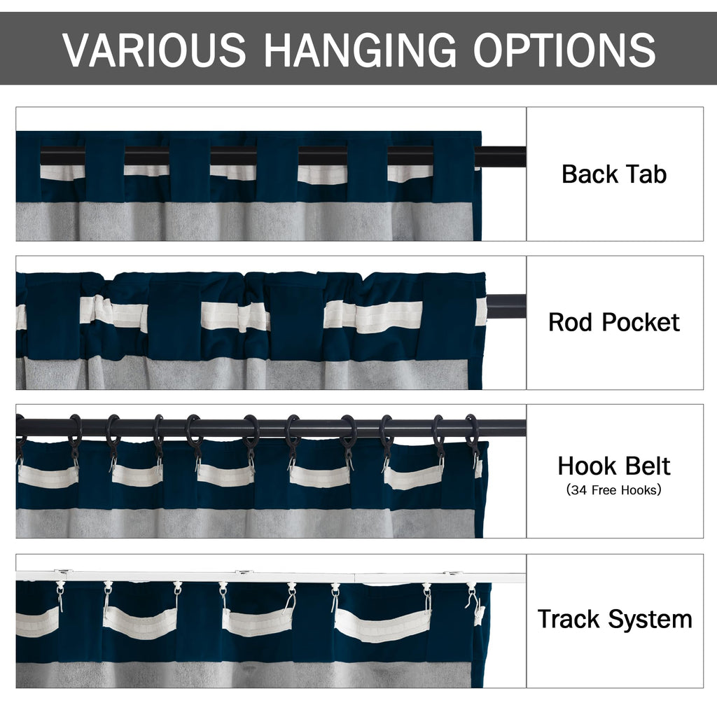 Navy Blue Velvet Blackout Curtains Luxury Liner Back Tab Hook Belt Thermal Insulated Window Drapes Heavy Thick