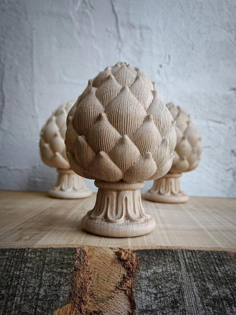 Artichoke Wood Finial - Hand-Carved Oak Newel Post Cap with Reeded Ribbon Base - Unfinished Decorative Accent for