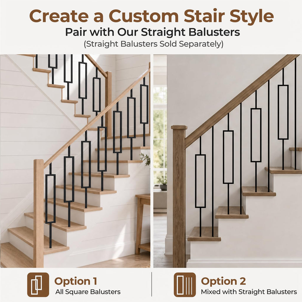 16 Pack Wrought Iron Balusters, 44 Inch Square Hollow Stair Spindles