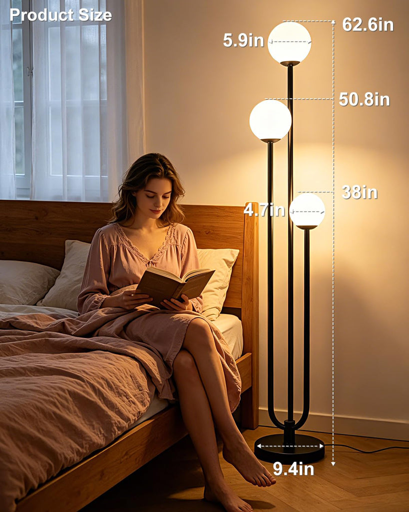 63IN Black Floor Lamp Dimmable with Mid Century Standing Lamps, 3000K Warm White Bulbs Included, Modern Globe Floor