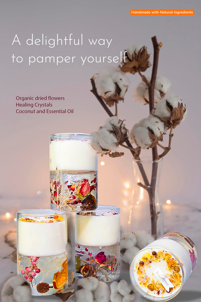 Candle Gift Set, Organic Natural Flowers in Yelly, Aromatherapy, Healing Gemstones, Botanical Scented Fragrance