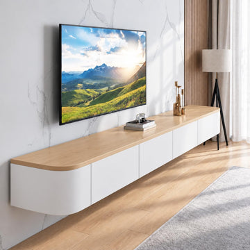 Floating TV Stand, 47-118" Wall Mounted TV Shelf, Floating TV Consolewith Flip-Down Doors & Drawers, Modern TV Media