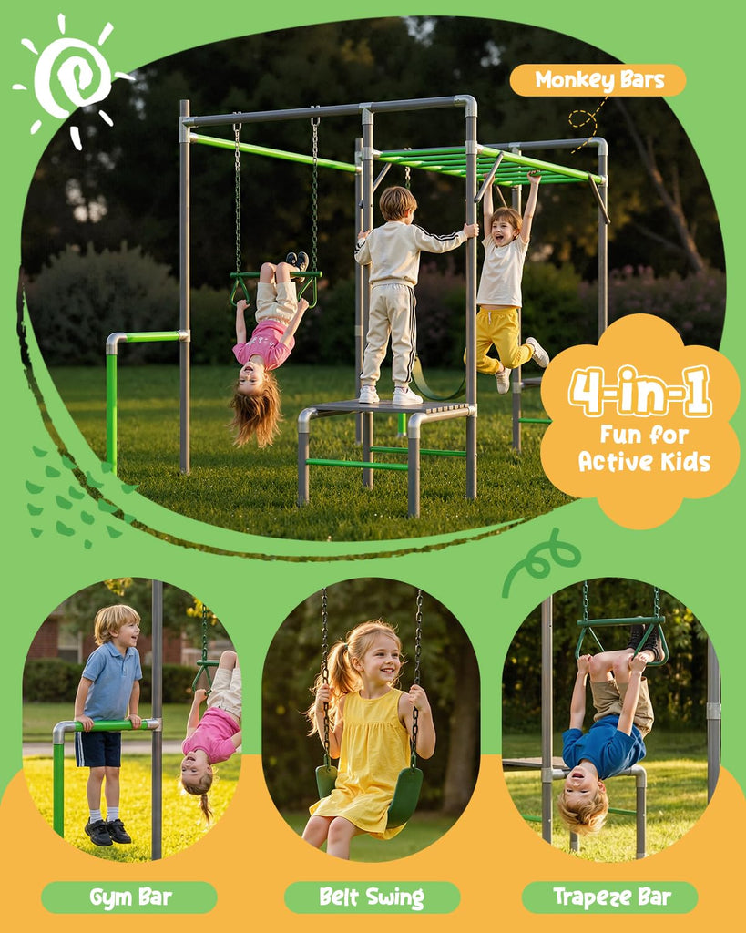 Outdoor Jungle Gym with Monkey Bars Frame, Climbing Set, Trapeze Swing Bar, Belt Swing, Kids Gymnastics Bars