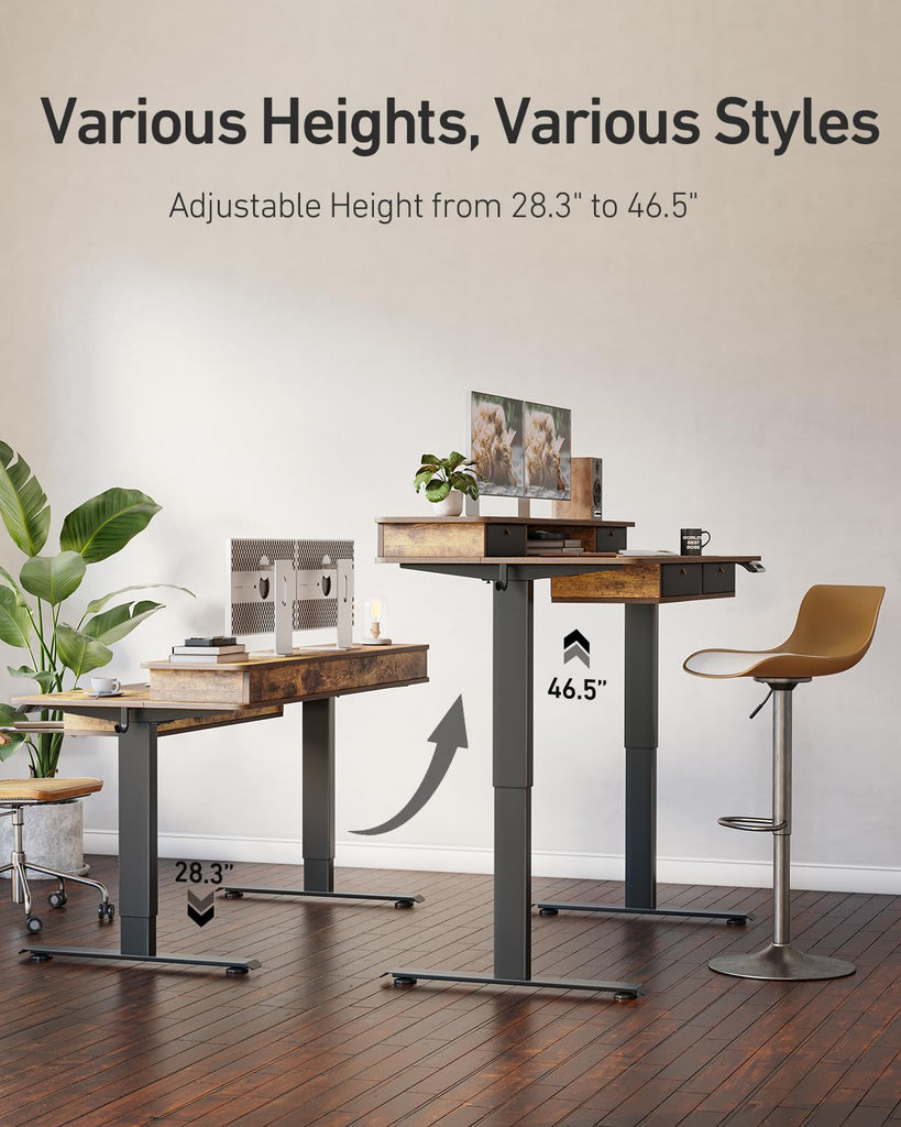 60" x 30" Standing Electric Desk with Drawers, Rustic Brown