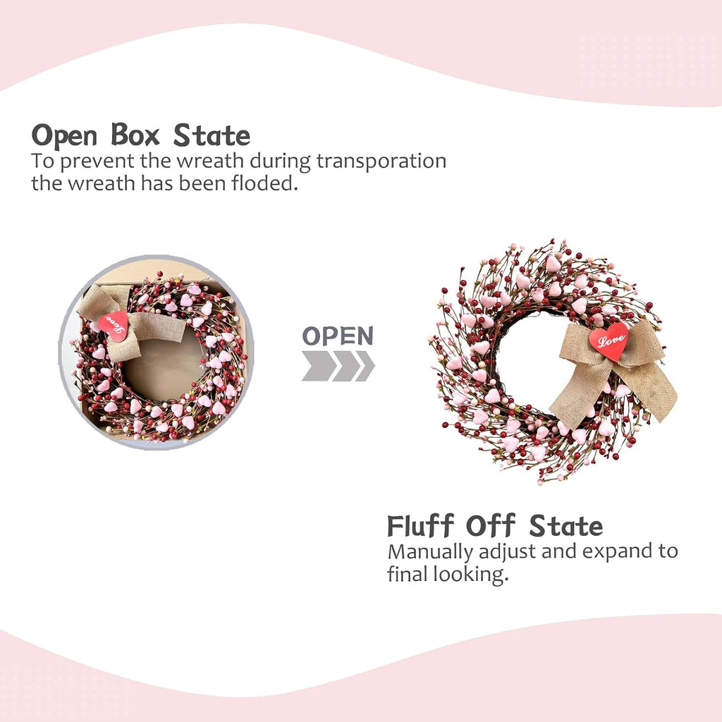 18" Artificial Valentine's Wreath, Pink and Red Heart Berry Wreath for Front Door Wall Party Wedding Decorations