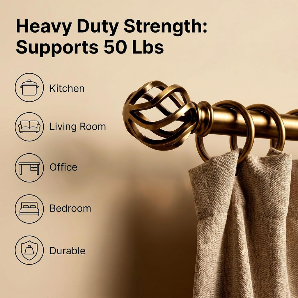 Brass Curtain Rods, 1 Inch Modern Drapery Rods, Adjustable Heavy Duty Curtain Rod, with Twisted Cage
