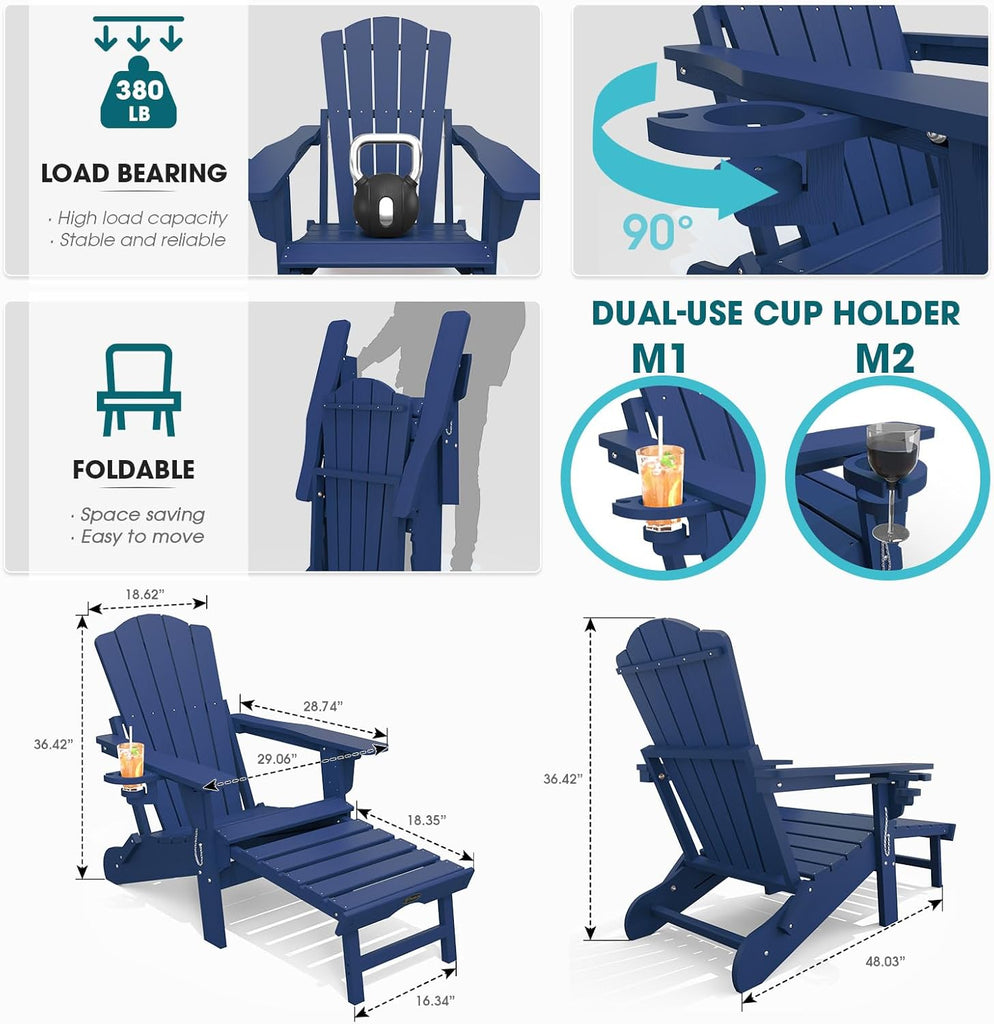 Folding Adirondack Chairs Set of 2, Outdoor Patio Fire Pit Chairs | Adjustable HDPE Chairs with Footrest, Retractable