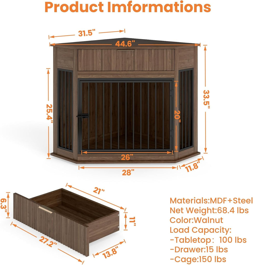 Corner Dog Crate Furniture, Wooden Dog Kennel Furniture for Small Medium Dog, Indoor Dog Cage with Fluted Drawer