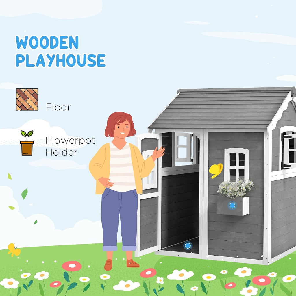 48x48x70in Kids' Outdoor Wooden Playhouse Includes Two Doors Two Windows Safety Floor and PlanterBox for Ages 3 to 8