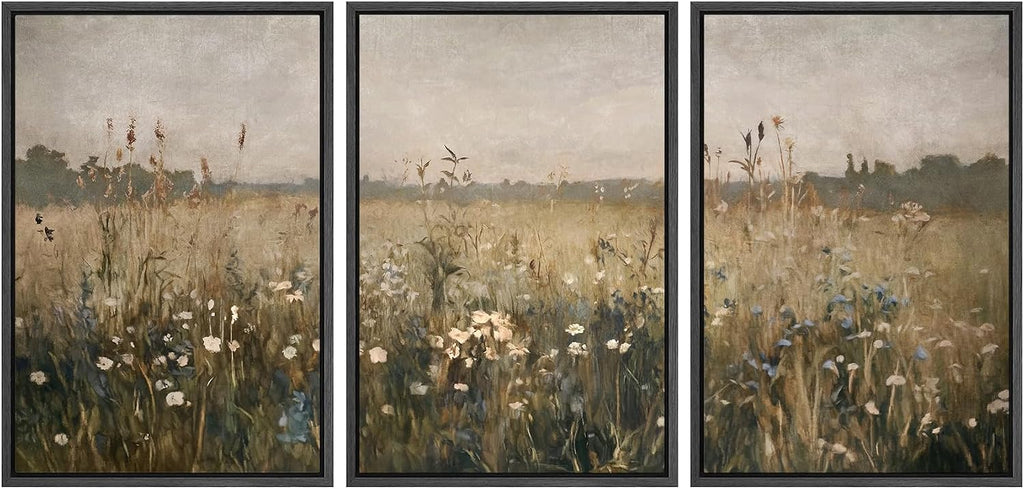 Framed Canvas Print Wall Art Set Wildflower Meadow Rustic Floral Field Landscape Illustrations Modern Art Decorative