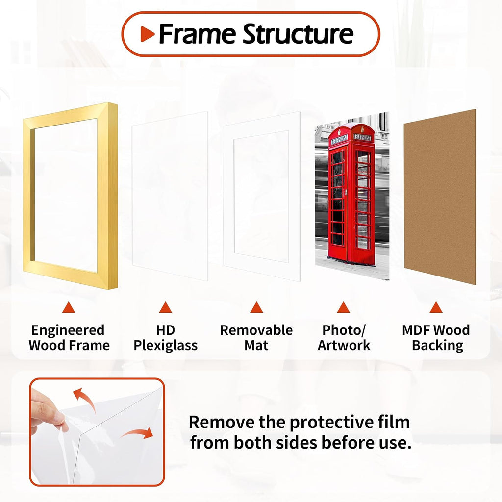 11x14 Picture Frame Set of 8, Gold Wall Gallery Hanging Photo Frames, Display Pictures 8x10 with Mat or 11x14 Without