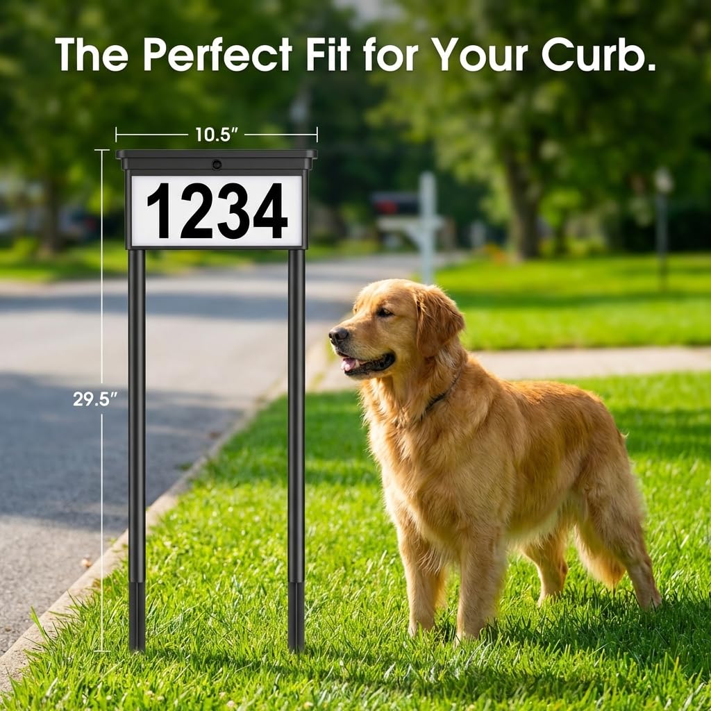 Solar Address Sign for Yard: 29" Double-Sided Lighted House Numbers with 12 Color Modes, 2-in-1 Dual Mounting (Stake