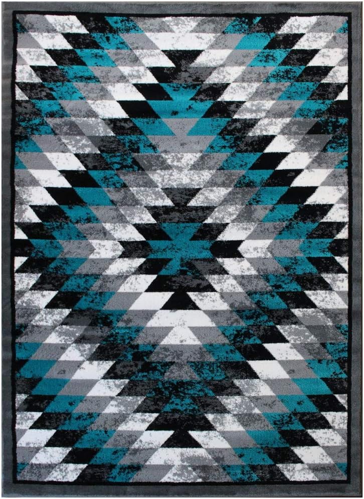 Stephanie Collection Area Rug Southwest Native American Distressed Design 1106 Turquoise Grey White Black (8 Feet X