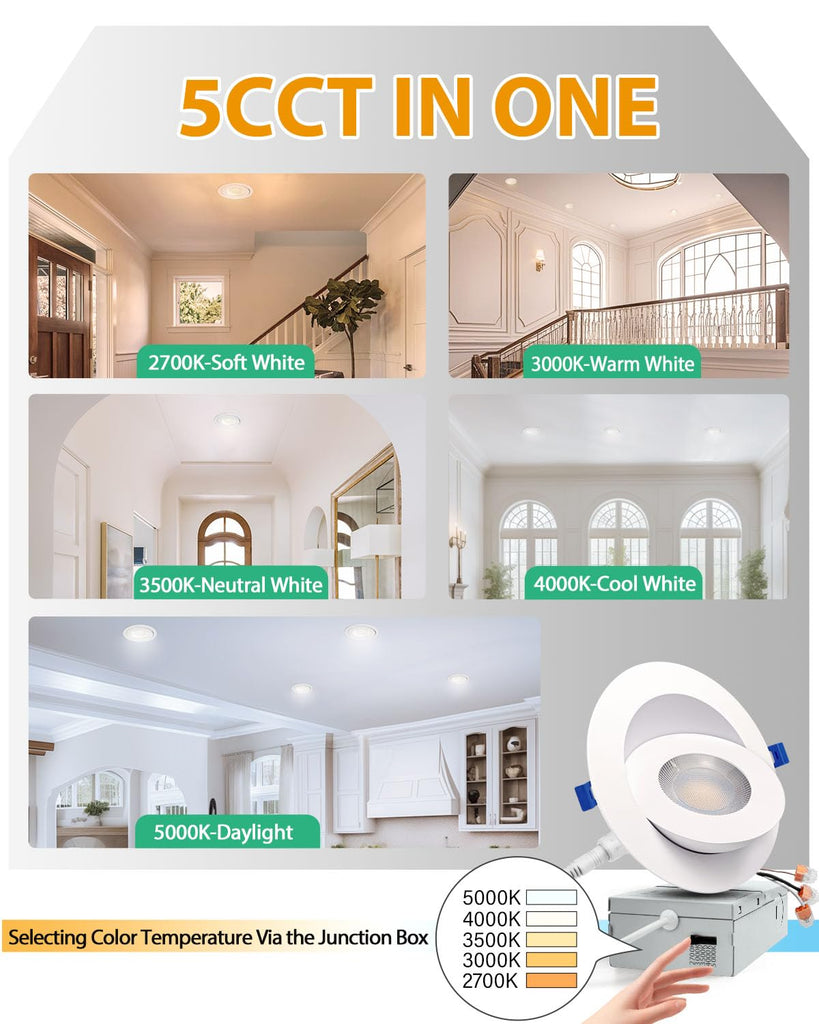 4 Inch Gimbal LED Recessed Lights, 5CCT, 10W 980LM, White 1 Pack