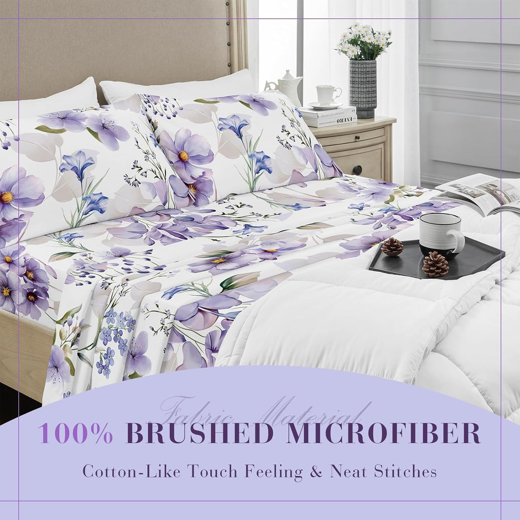 King Sheets Set, Luxury 1800TC Hotel Quality Double Brushed Microfiber Floral Bed Sheets for King Bed, Ultra Soft