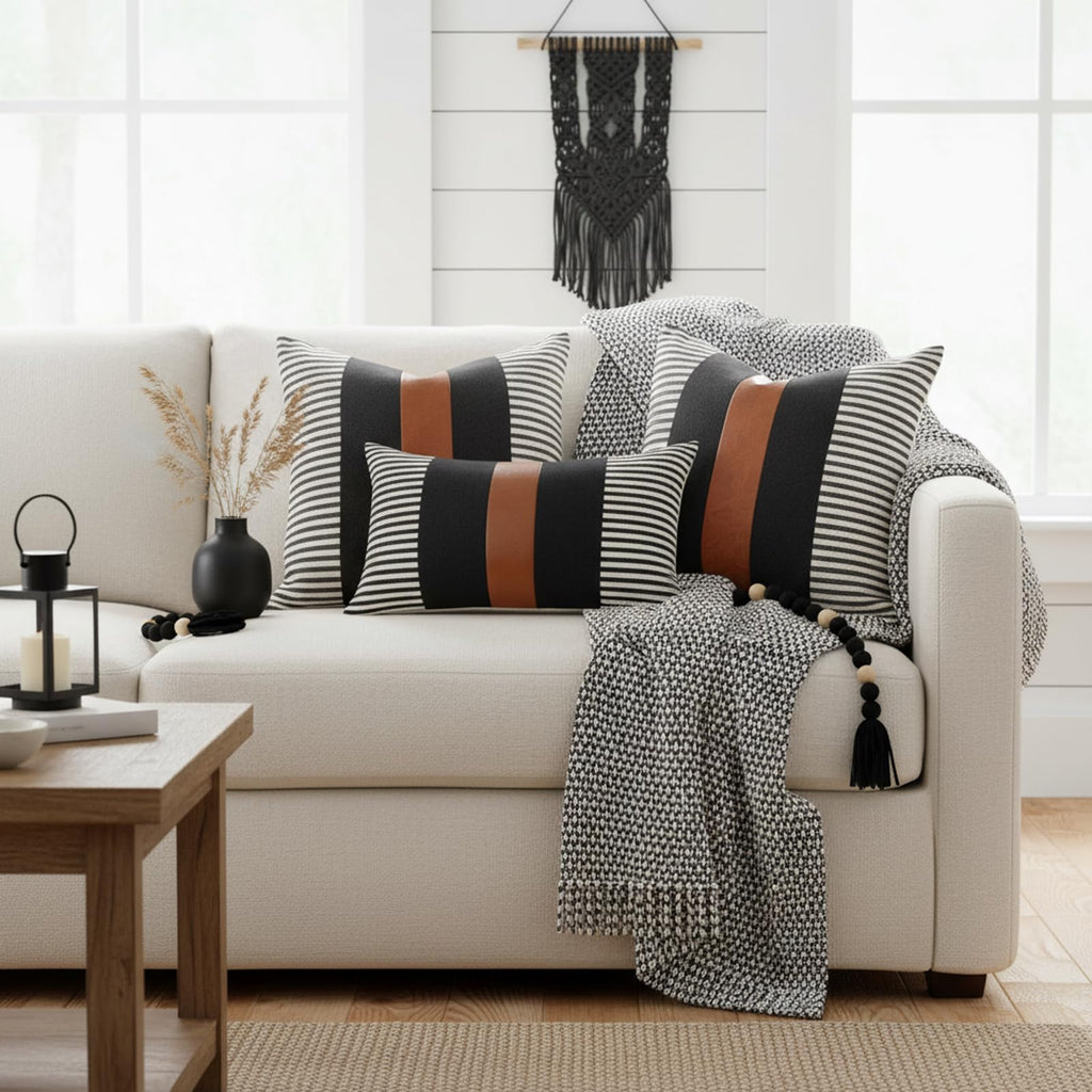Brown and Black Decorative Pillow Cover Set of 2, Farmhouse Stripe Lumbar Pillow Cover 12x20 Modern Faux Leather