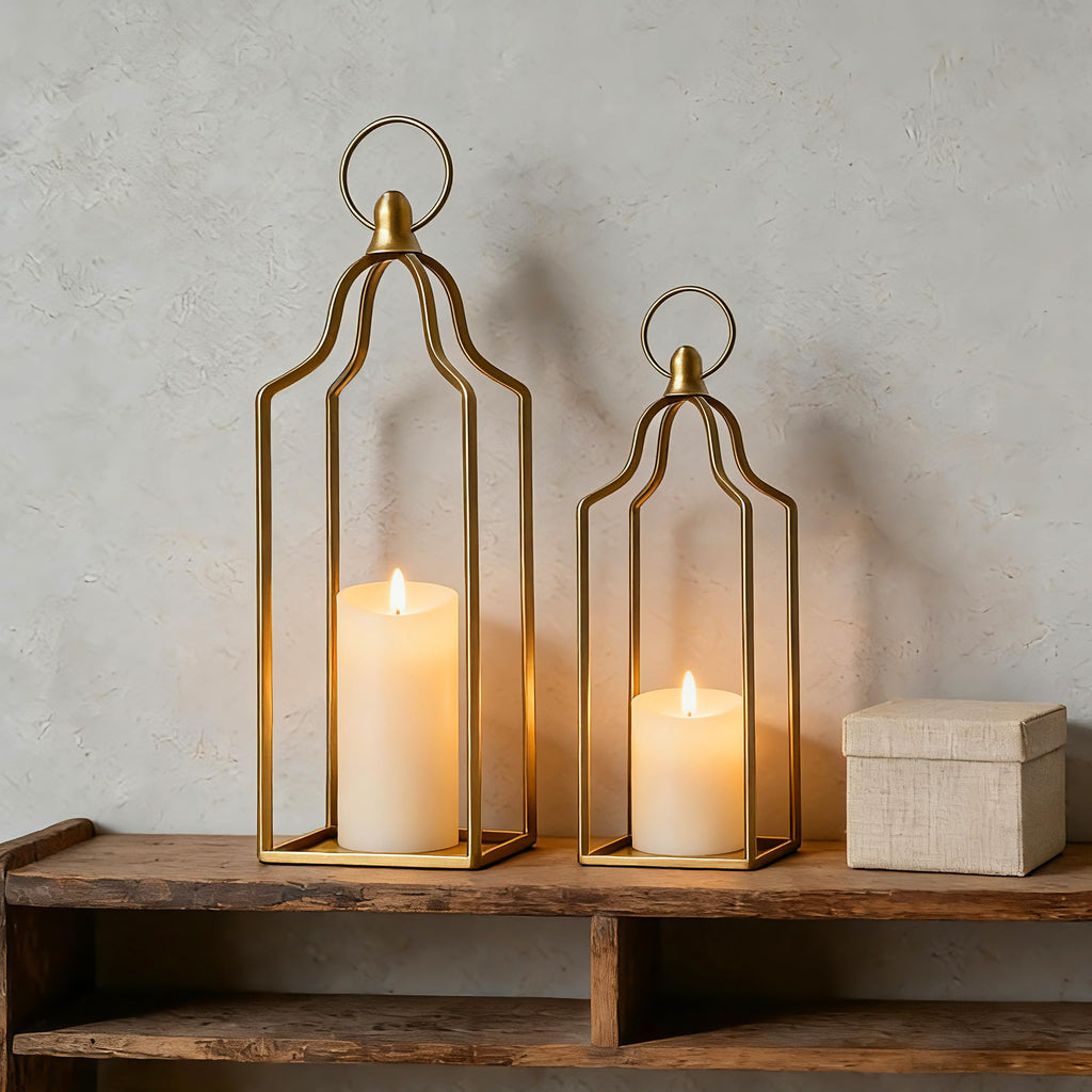 Rustic Farmhouse Decor Metal Lantern Set of 2 Decorative Lanterns Indoor Outdoor Living Room, Fireplace, Patio