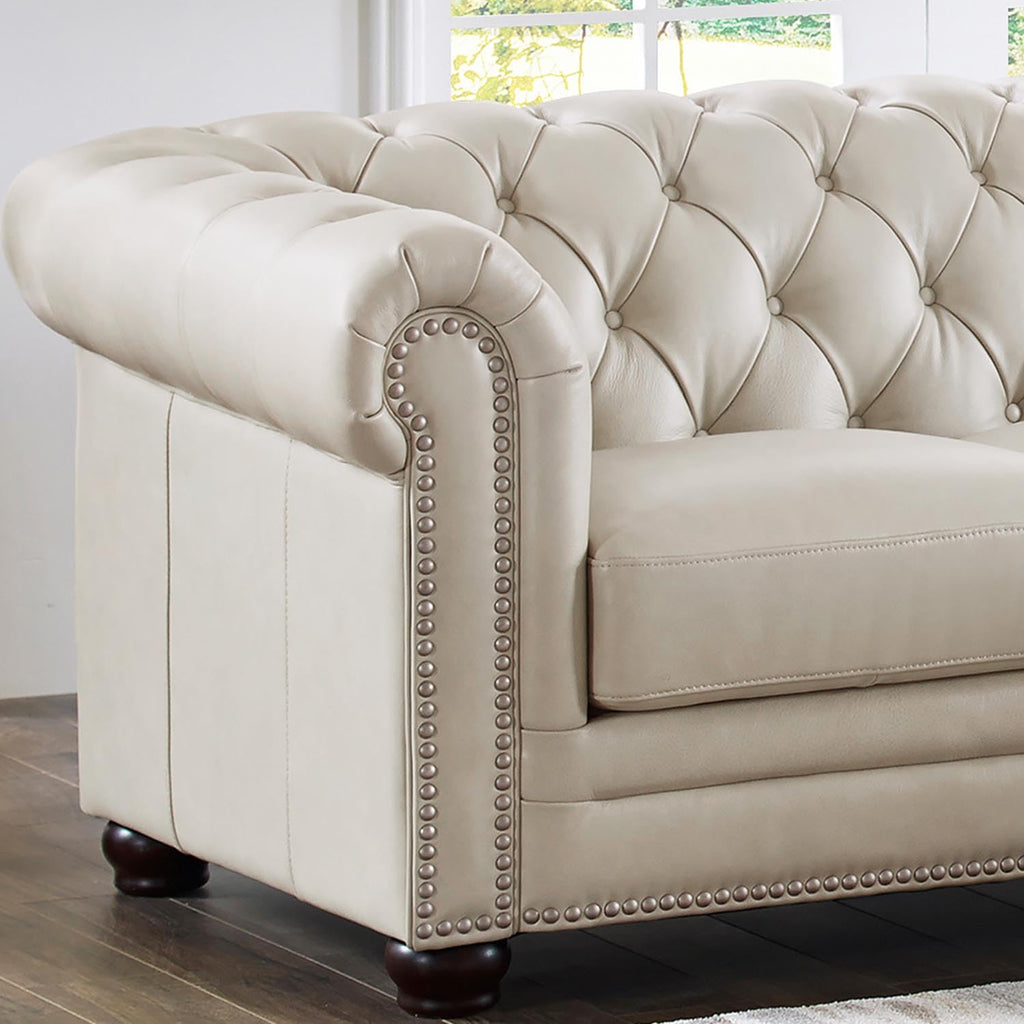 Aliso Top Grain Leather Sofa and Loveseat Set, Vanilla, Feather Down, Memory Foam and Springs Seating